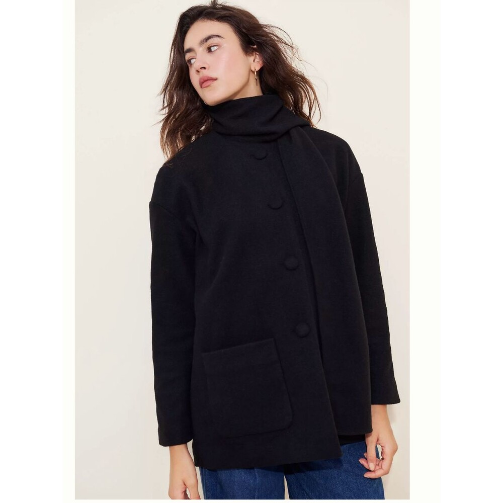 NNT Hutch Scarf Jacket Black Wool Blend Tie Neck Short Coat Button Front MED